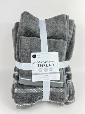 Common Thread Bath Towel Set Grey White Quick Dry Low Twist Cotton 6 Pc NEW